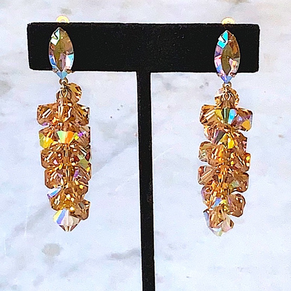 LEWIS SEGAL OF CALIFORNIA EARRINGS CLIP DANGLE GOLD AURORA BOREALIS VINTAGE